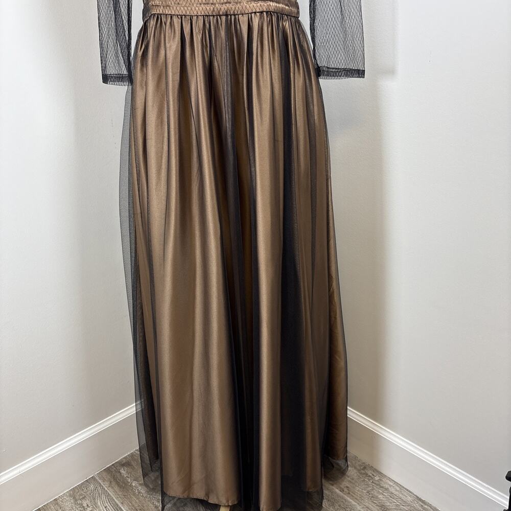 Bronze Satin Sheer Black Overlay Long Sleeve Formal Gown Whimsigoth Dark Boho M - Picture 3 of 12
